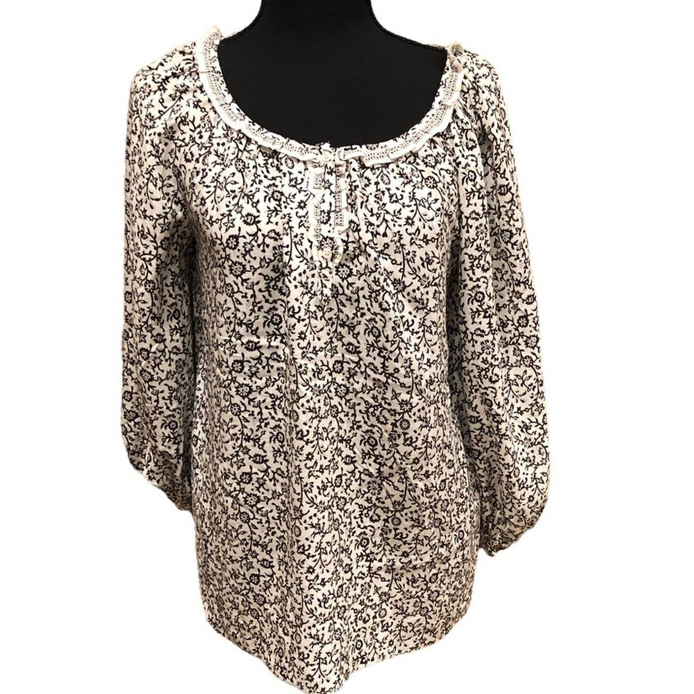 Max Studio Black & White Blouse Floral Print Long Balloon Sleeve